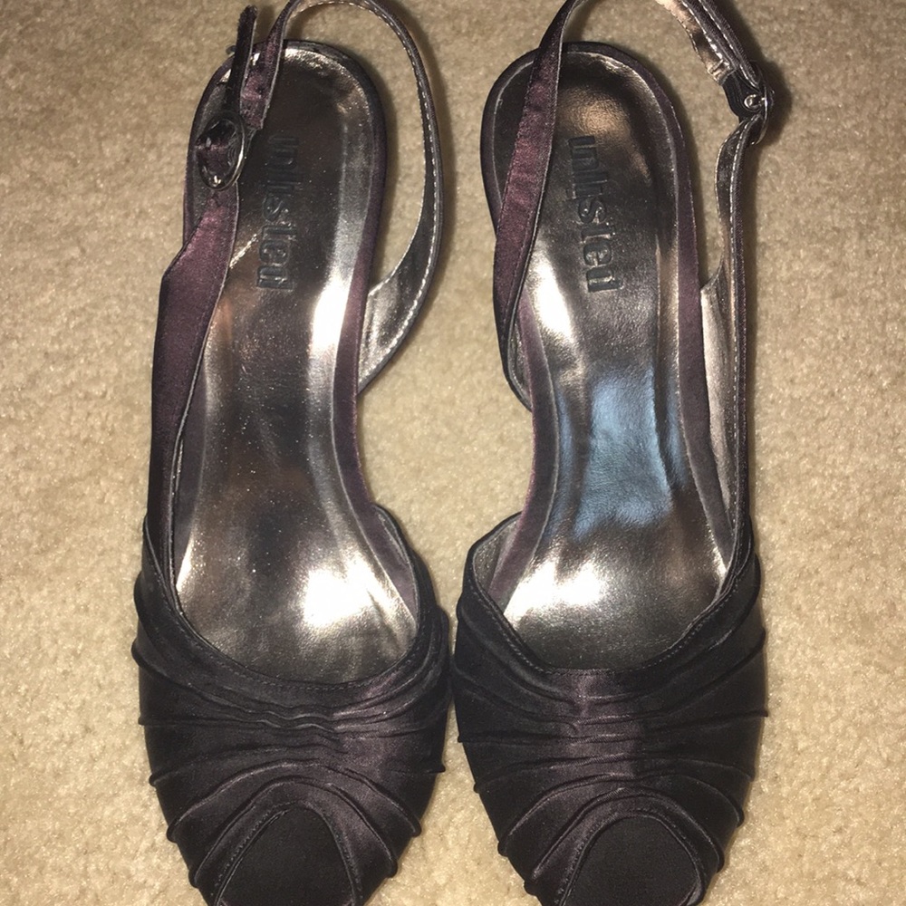 Unlisted Black Satin Open Toe Slingback Heels